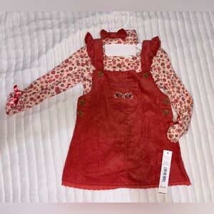 Floral Red Corduroy Pinafore Dress Set